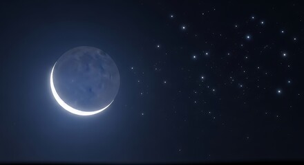 Ethereal crescent moon illuminated against a backdrop of twinkling stars