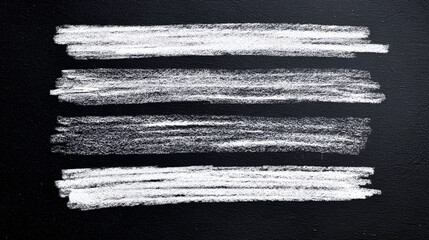 Chalk or crayon white underline set on black chalkboard background - hand drawn pencil or marker horizontal long highlighter strokes with rough textured edges. Design elements for emphasizing text