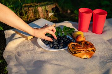 Female hand reaching for blueberries on beige blanket with plate of berries, bun, glasses, and book in cozy outdoor scene