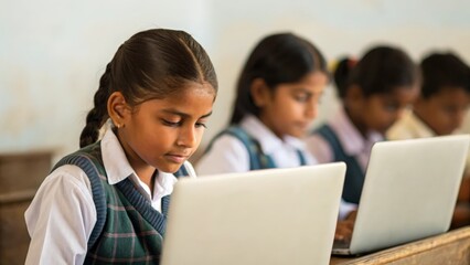 Indian school children sitting in front of laptops in the school classroom. Student in a row studying on laptops. 