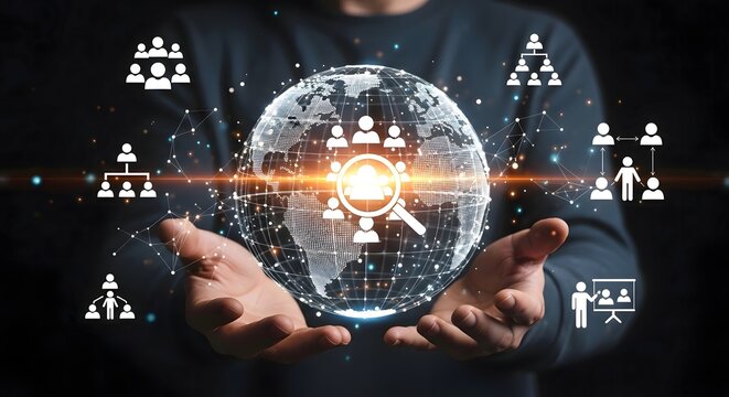 A person holding a glowing globe with people icons and a magnifying glass in their outstretched hands