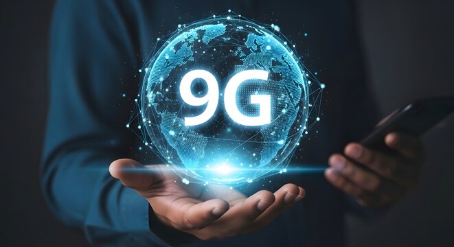 A person holding a glowing globe with the text 9g on it and a phone in the other hand shown close up