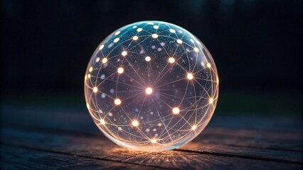 Digital Sphere of Innovation: A glowing glass sphere, etched with a network of interconnected nodes, emanates a vibrant light, symbolizing the interconnectedness and innovation of the digital age.