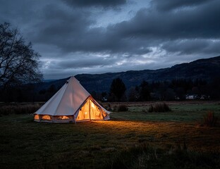 Glamping tent lit at dusk