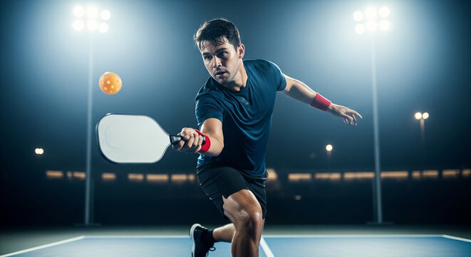A male athlete playing a pickleball on a night court illuminated by bright stadium lights.