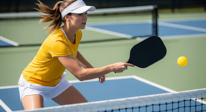 A focused female athlete playing pickleball, mid-action shot. Wearing a bright yellow sports shirt and white shorts