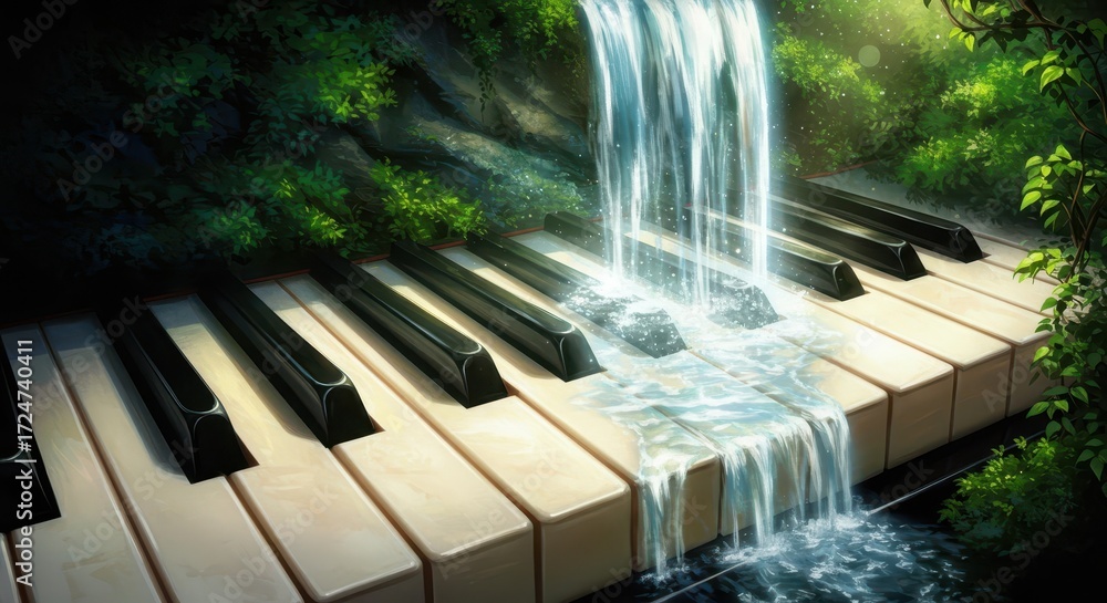Poster a cascading waterfall flows over a piano keyboard, surrounded by lush greenery, creating a serene an