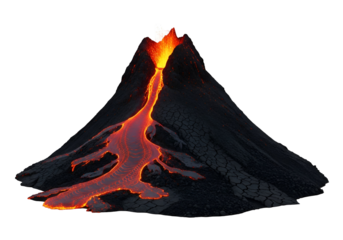 A dramatic view of a volcano erupting with molten lava flowing down its slopes against a stark black background.
