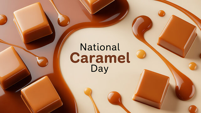 National Caramel Day celebration with caramel candies and drizzled sauce on a light background