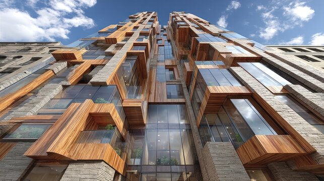 A modern high-rise building facade features a dynamic arrangement of wood panels and stone, creating a striking architectural design against a clear sky.