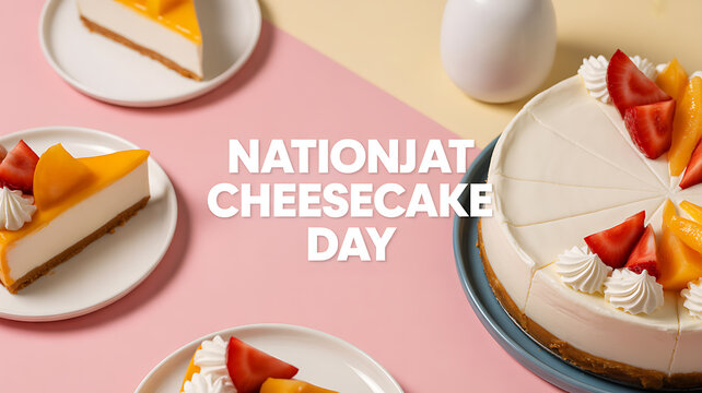 Celebration of National Cheesecake Day with slices of fruit-topped cheesecake on a pastel background