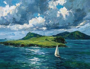 Island scene, sailboat under dramatic sky