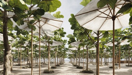 Shady beach path with white umbrellas