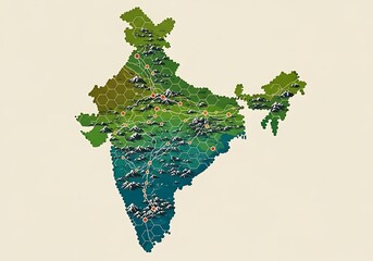 Illustrated topographical hexagon map of India with roads and cities