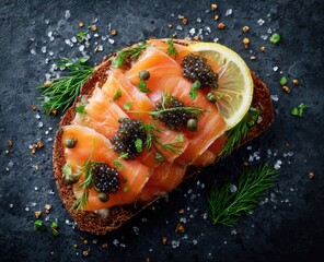 Smoked salmon toast with caviar and lemon