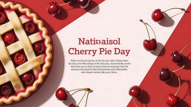 A cherry pie with a lattice crust is displayed alongside fresh cherries on a red and white background, celebrating National Cherry Pie Day.