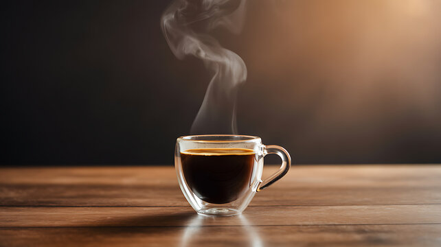 Steaming cup of coffee on wooden table with warm lighting