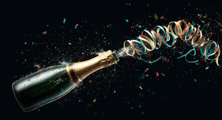 Champagne bottle explosion with colorful confetti