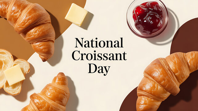 National Croissant Day celebration with fresh croissants, butter, and jam arranged on a flat surface