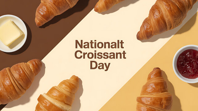 National Croissant Day celebration with freshly baked croissants, butter, and jam arranged on a colorful background