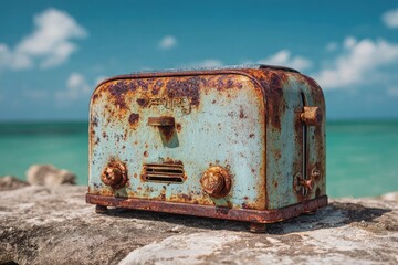 Rusty toaster on a beach rock, sunny day
