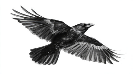 Fototapeta premium Crow Flying in Midair Over White Background Isolated on White Background 