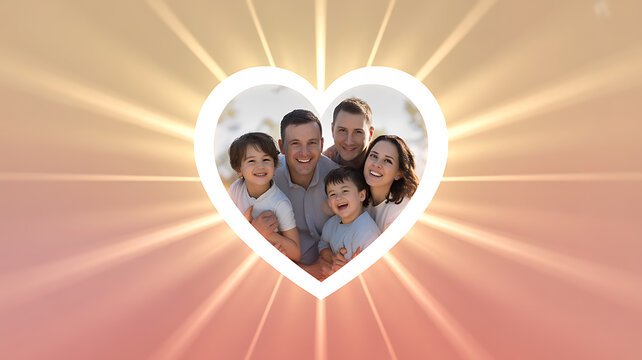 Family of five smiling together inside a heart-shaped frame with radiant light background