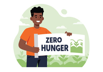 Smiling young man holding a banner promoting zero hunger in a stylized illustration.