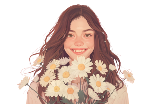 Radiant young woman embracing joy with a vibrant bouquet of daisies, a celebration of youthful beauty and the simple pleasures of spring, perfect for wellness or heartwarming lifestyle visuals