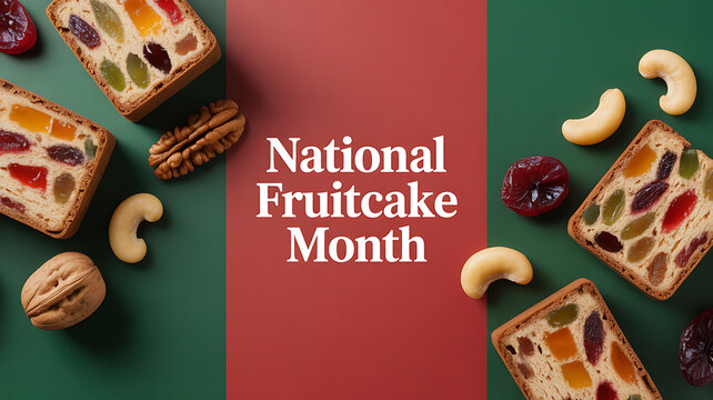 National Fruitcake Month celebration with fruitcake slices, nuts, and dried fruits on a colorful background