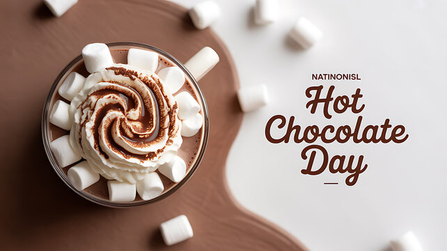 Top-down view of a hot chocolate drink with whipped cream, cocoa powder swirl, and marshmallows on a wooden surface