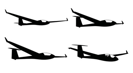 Set of four distinct glider aircraft silhouettes in dynamic flight poses vector