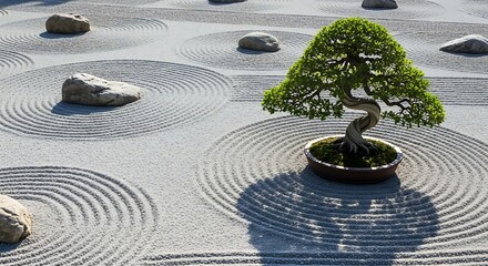 Serene Zen Garden with Bonsai Tree and Intricate Sand Patterns