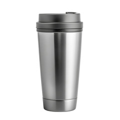 Sleek stainless steel travel mug with dark lid on transparent background