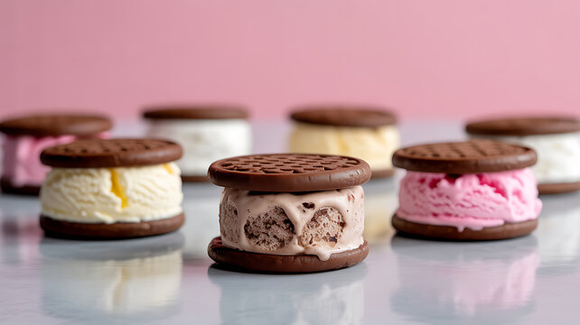 Assorted ice cream sandwiches with chocolate cookies and colorful fillings on a reflective surface
