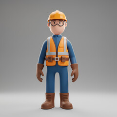 Fototapeta premium A friendly 3D cartoon character, dressed as a construction worker with a hard hat, safety vest, and protective eyewear, stands attentively.