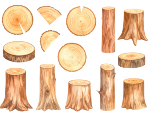 Watercolor Illustration of Various Wooden Slices and Logs with Brown and Beige Tones on a Transparent Background