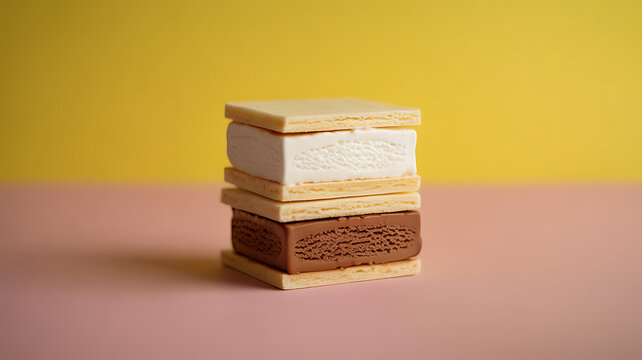 Stack of two ice cream sandwiches with vanilla and chocolate fillings on a pink surface against a yellow background