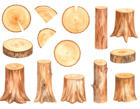 Watercolor Illustration of Various Wooden Slices and Logs with Brown and Beige Tones on a Transparent Background