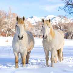 Two white horses in snowy field