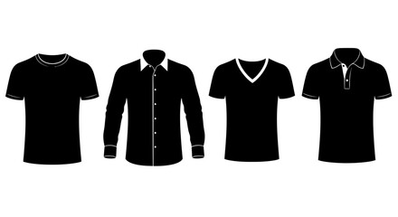 Set of four black men's t-shirts and collared shirts apparel icons and graphics vector