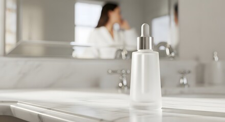 Frosted white skincare serum bottle on a luxurious marble bathroom counter, with a woman's blurred reflection in the mirror, highlighting a serene morning beauty ritual and self-care routine
