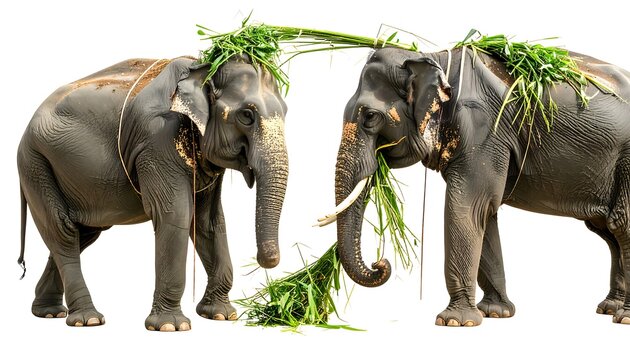 Two elephants eating grass