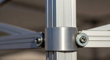 Close-up of a silver aluminum frame joint with visible screws and connecting struts, showcasing industrial design and construction.