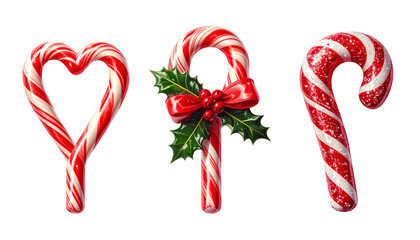  Holiday Candy Cane Trio Set in Different Styles, isolated on transparent background