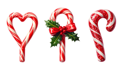  Holiday Candy Cane Trio Set in Different Styles, isolated on transparent background