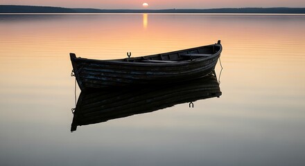 Serene lake scene with a weathered rowboat reflecting in calm water at sunset