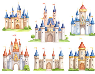 Fototapeta premium Watercolor Renderings of Diverse Castles with Colorful Turrets and Flags Set Against a Transparent Background Showcasing Architectural Detail in a Fairytale Kingdom