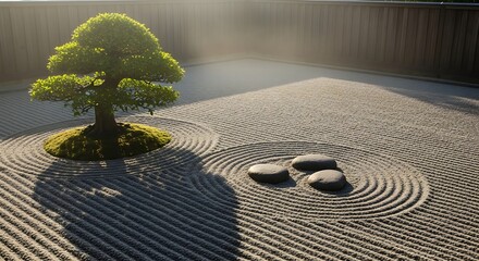 Serene Japanese Zen Garden with Bonsai Tree, Stone Arrangement, and Raked Sand