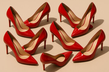 Red high heels arranged in geometric pattern on pastel beige floor